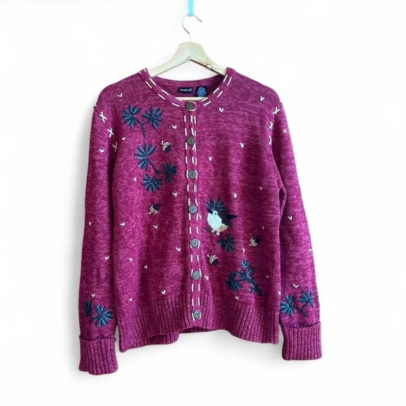 Vintage North Crest Burgundy Embroidered Bird Nature Cardigan Sweater Sz Medium - Picture 1 of 6